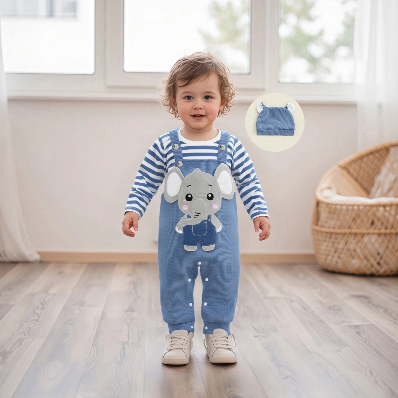 

Комплект из 3 предметов для новорожденных мальчиков: милый полосатый комбинезон с длинным рукавом, вышивкой животных и шапочка