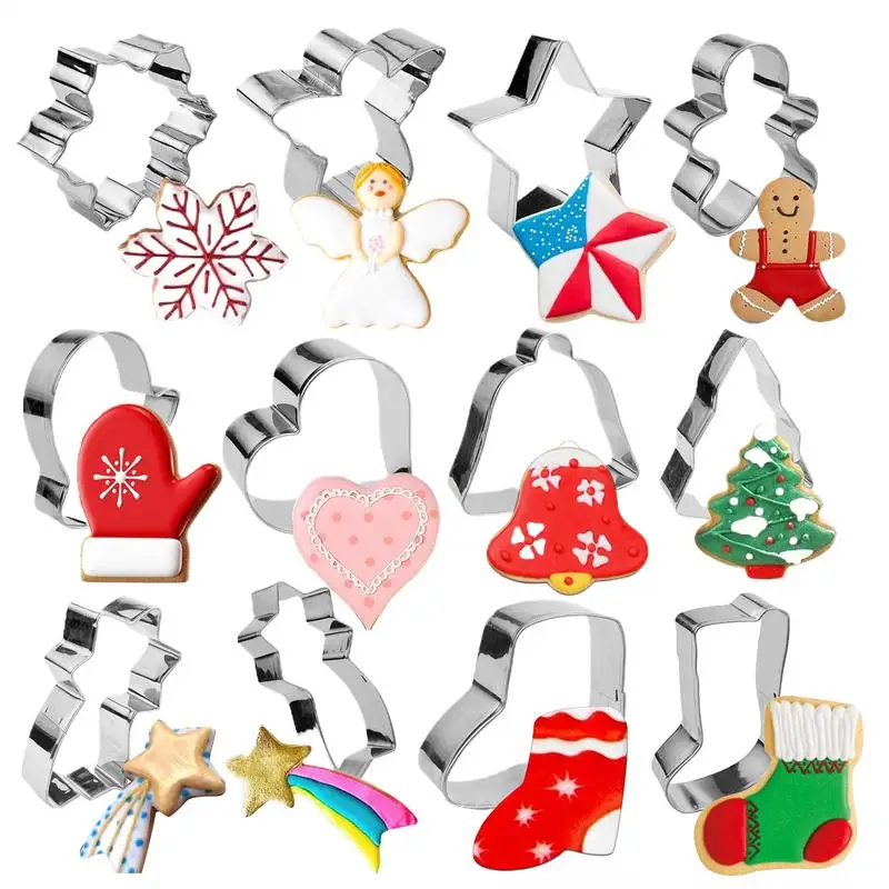 Cortadores de galletas de Navidad de Metal, 12X, juego de cortadores de galletas de acero inoxidable para vacaciones de invierno, moldes para hornear galletas para festivales, dulces blandos