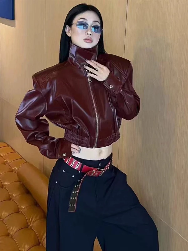 Jaqueta Feminina de Couro PU Vermelha com Zíper, Cintura Ajustável, Estilo Solto para Primavera