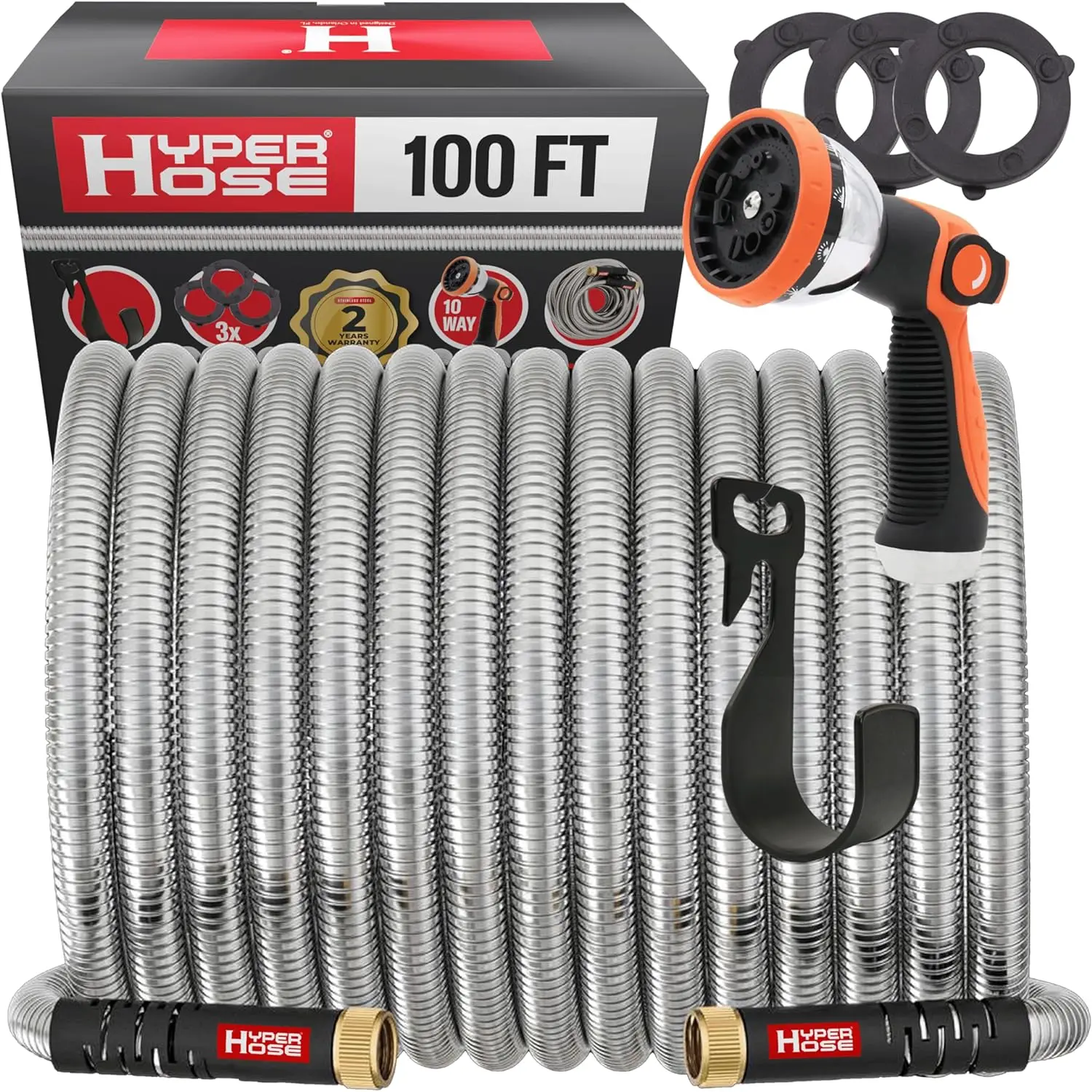 

100ft Stainless Steel Garden Hose Set - No-Kink Durable 316 Steel, 10-Way Spray Nozzle & Hook