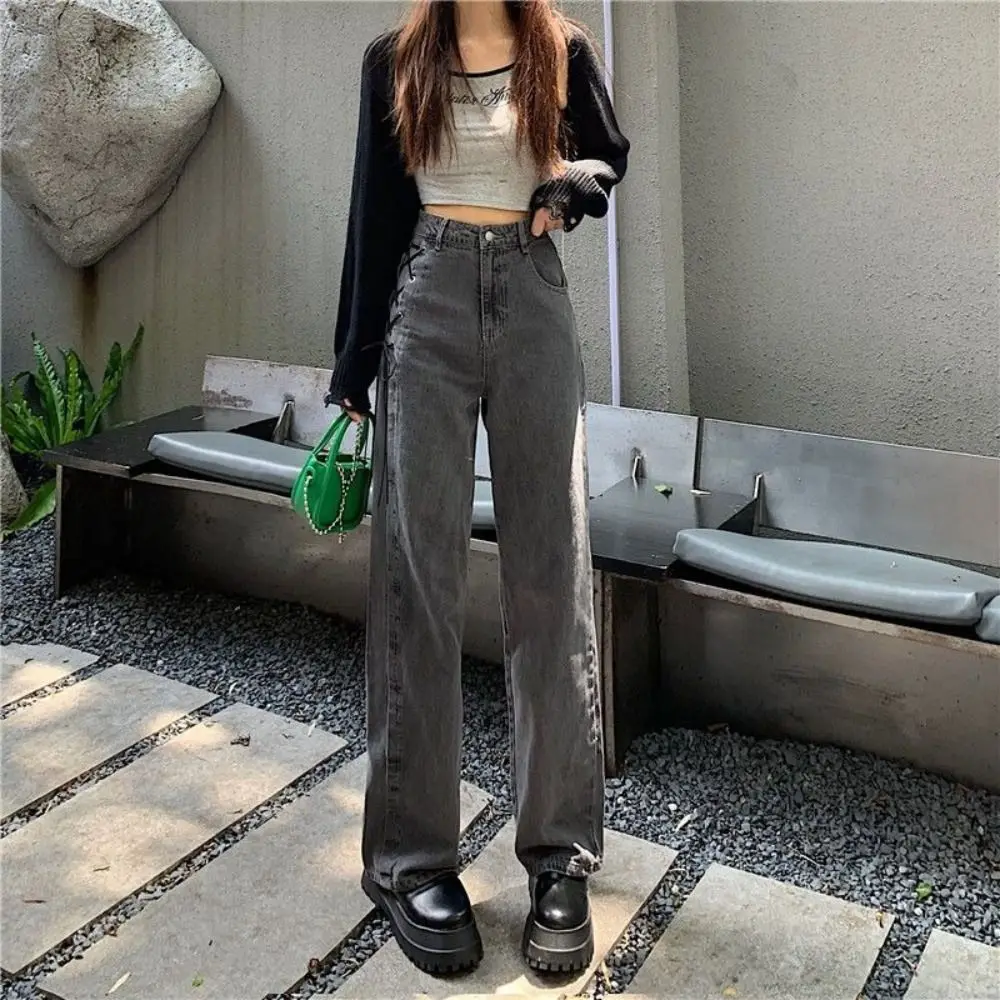 Fashion High Waist Baggy Jeans Aesthetic Flare Wide Leg Pants Lengthening Tie Straps Casual Trousers Summer