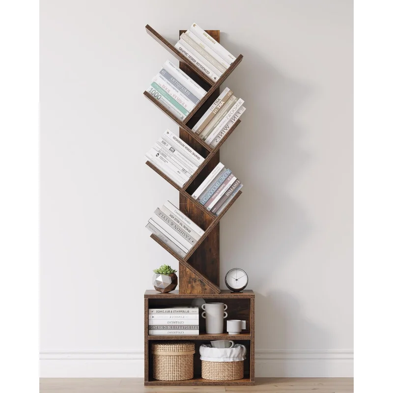 

6 Tier Tree Bookcase Tall Narrow Bookshelf with Storage Cabinet Modern Floor Standing Organizer for Bedroom Living Room Office