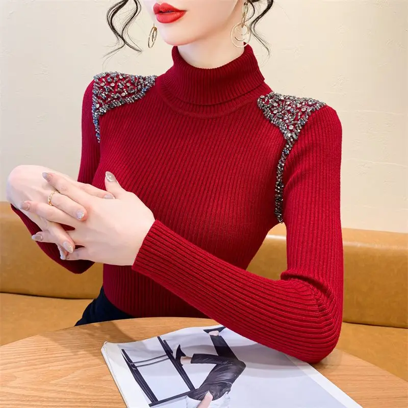 

Women Luxury Crystal Beading Turtleneck Knitted Sweater 2026 Autumn Winter Bling Sweater Female Soft Blouse Jumpers Bottom Shirt