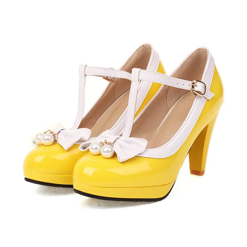 Taglia Extra grande 48 49 50 giallo brillante verde viola tacchi colorati per le donne nodo papillon JK Lolita ragazze Mary Janes T-strap scarpe