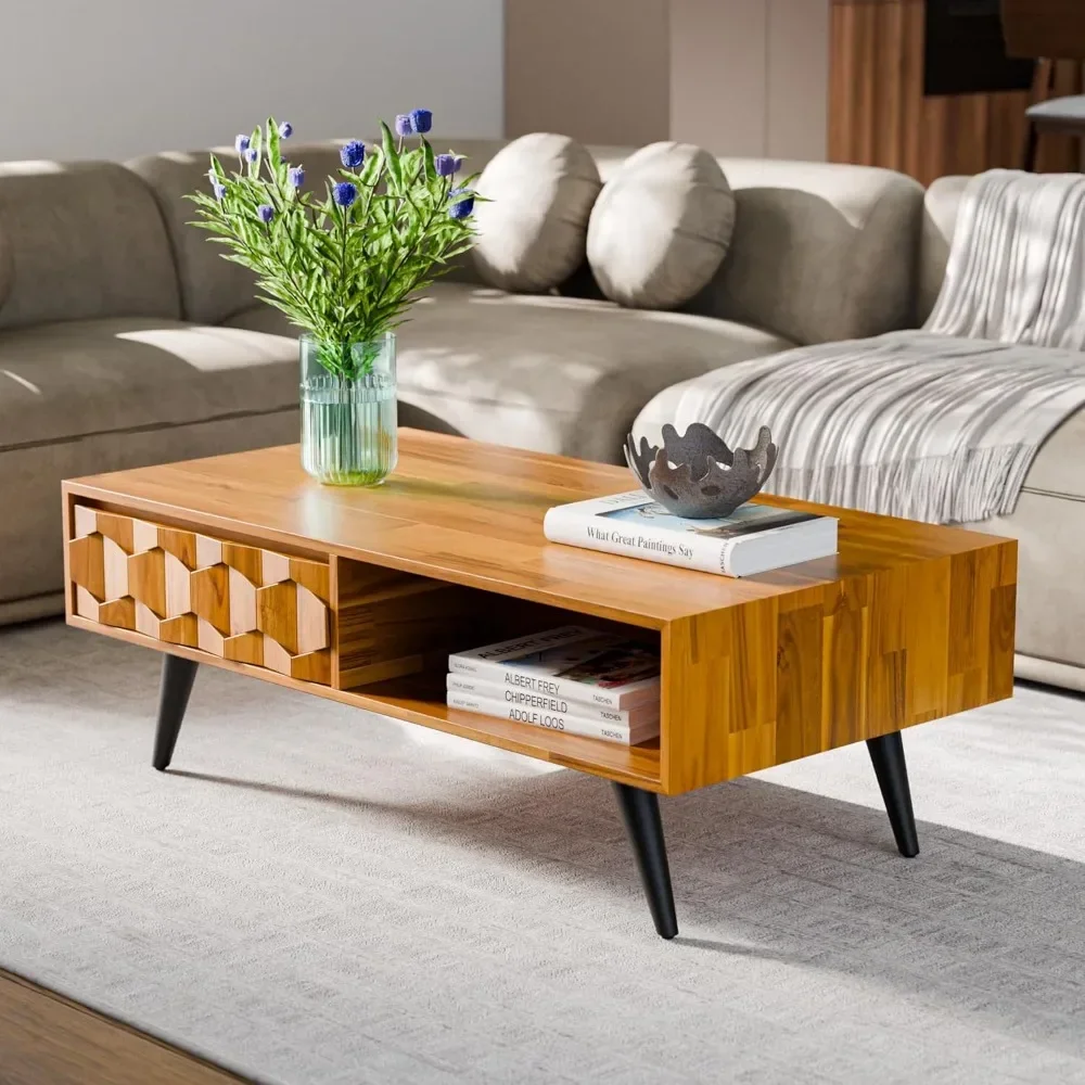 

georgina solid wood coffee tables for living room, coffee table mid century modern with 2 symmetrical storage drawers & geometr