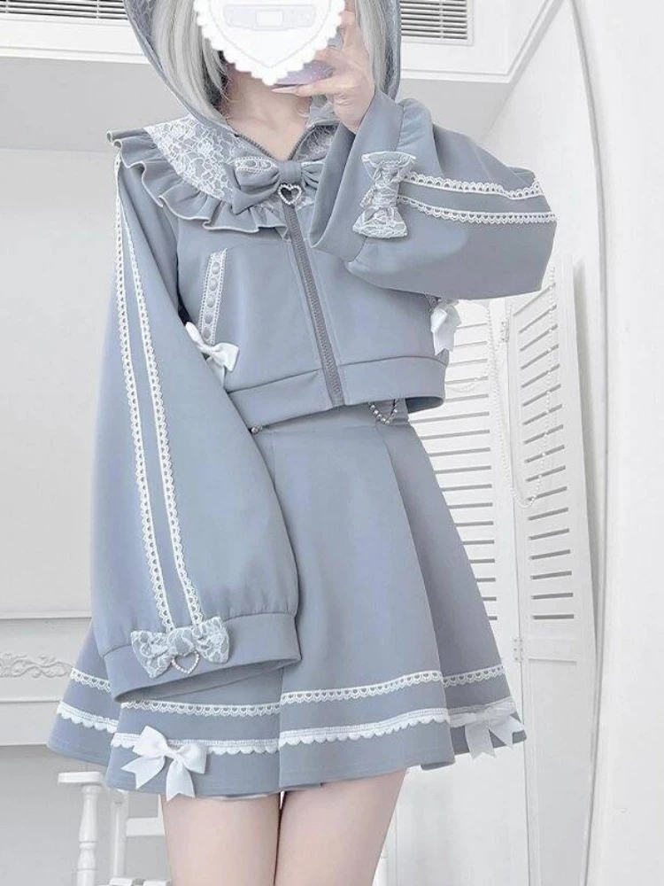 

2025 Новые комплекты Kawaii Girls Pink Blue Gemini, японские милые милые кружевные платья с бантом + шорты, комплект из двух предметов, осенняя уличная одежда в стиле Лолиты