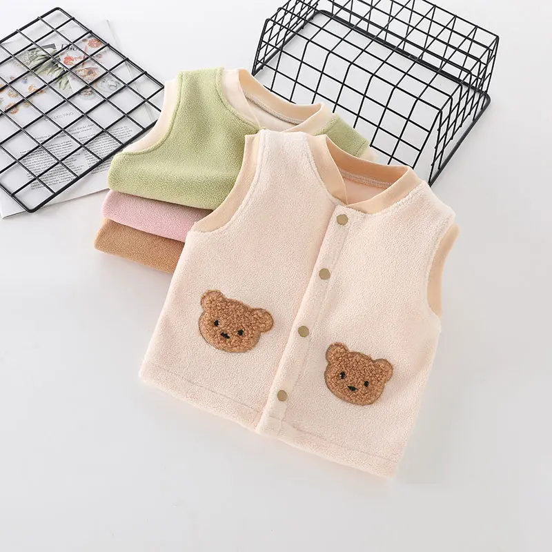 Baby Boy Girl Plush Fleece Warm Waistcoat Spring Autumn Winter Infant Toddler Kids Sleeveless Bear Embroidery Vest Tops