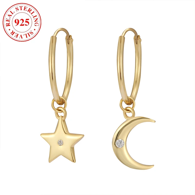 

925 sterling silver with diamonds pentagram moon asymmetric women's earrings hypoallergenic Suitable for gift giving