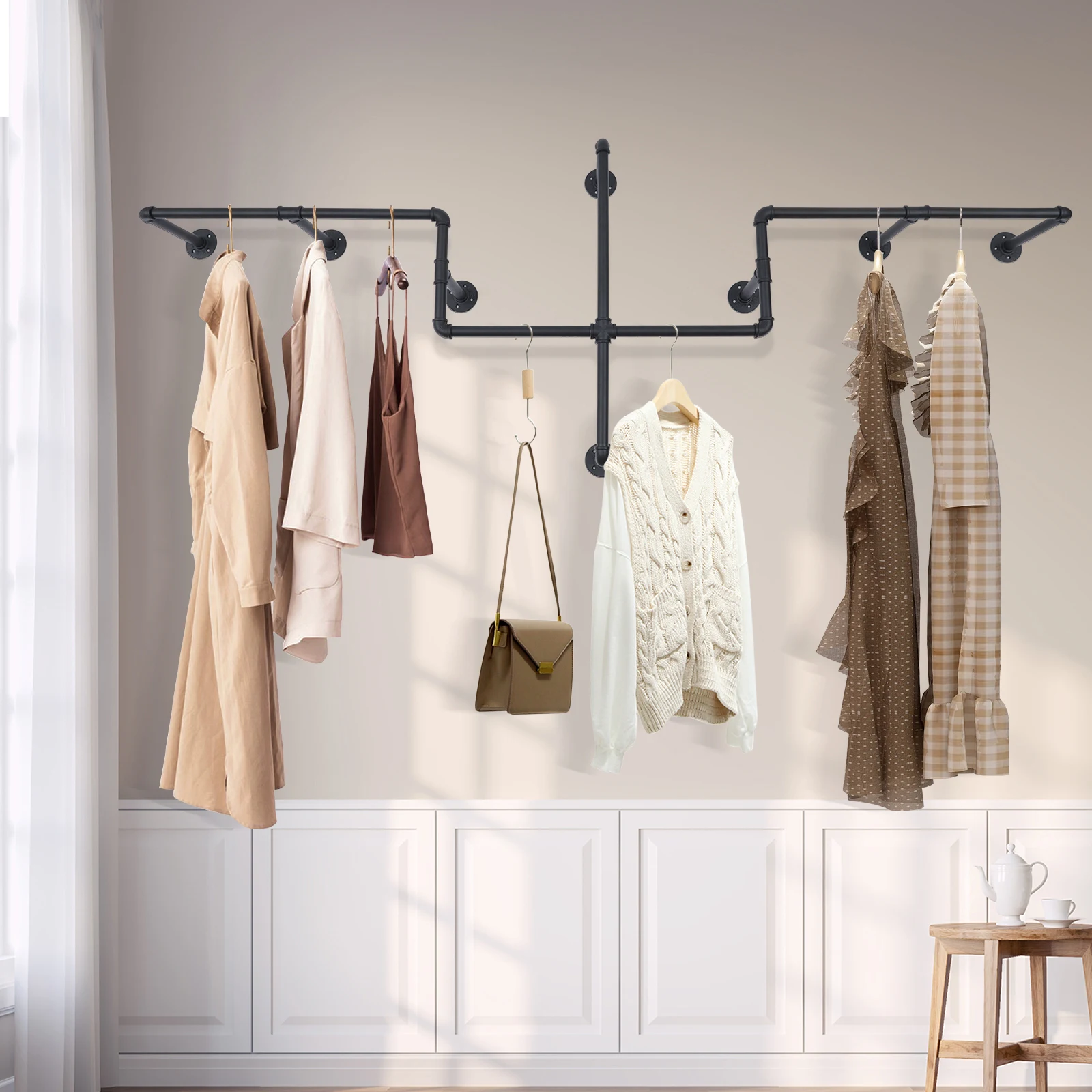 

Commercial Wall Mount Clothing Garment Display Rack Clothes Hanging Bar Holder Retail Stores Industrial Pipe Cloth Dress Hanger