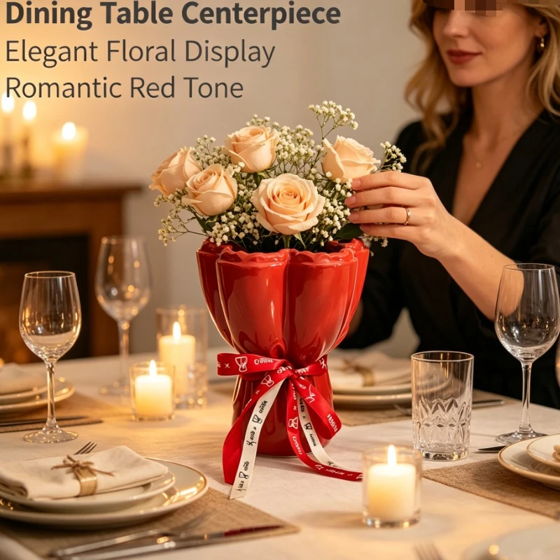 Red Ceramic Tulip Shaped Flower Vase With Glossy Finish And Ribbon Decoration For Living Room Table Centerpiece Decor
