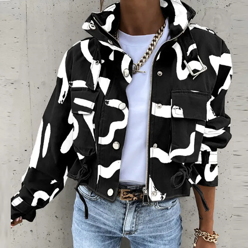 Retro Pattern Printed Pocket Motorcycle Jacket Fashion High Street Zipper Short Outwear Fall Lady Stand Collar Long Sleeved Coat