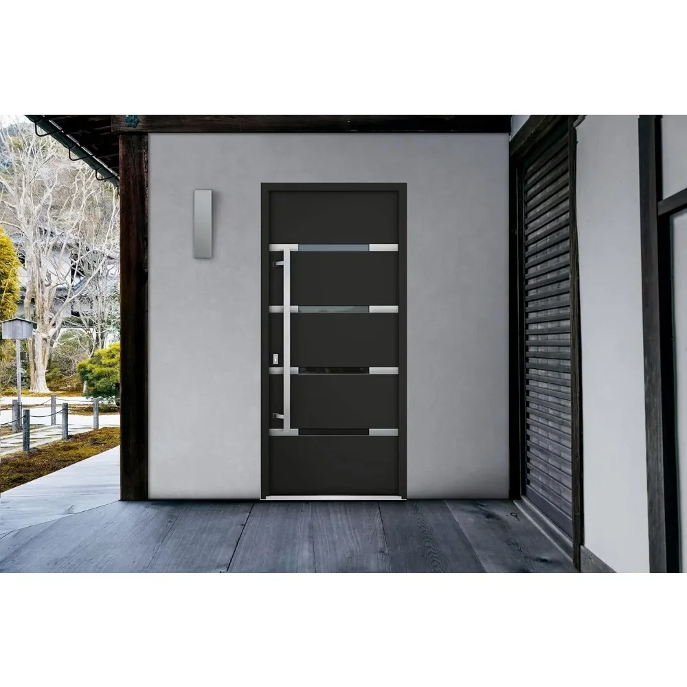 Porta de aço pré-furada externa dianteira, esmalte preto, inserções de aço inoxidável, metal de entrada moderno pintado w36 x h80, inserção à mão direita