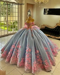 Luxury Blue Quinceanera Dresses Princess Bead Crystals Birthday Gowns Pink 3D Flower Appliques Vestidos De 15 Wit Bow Customized