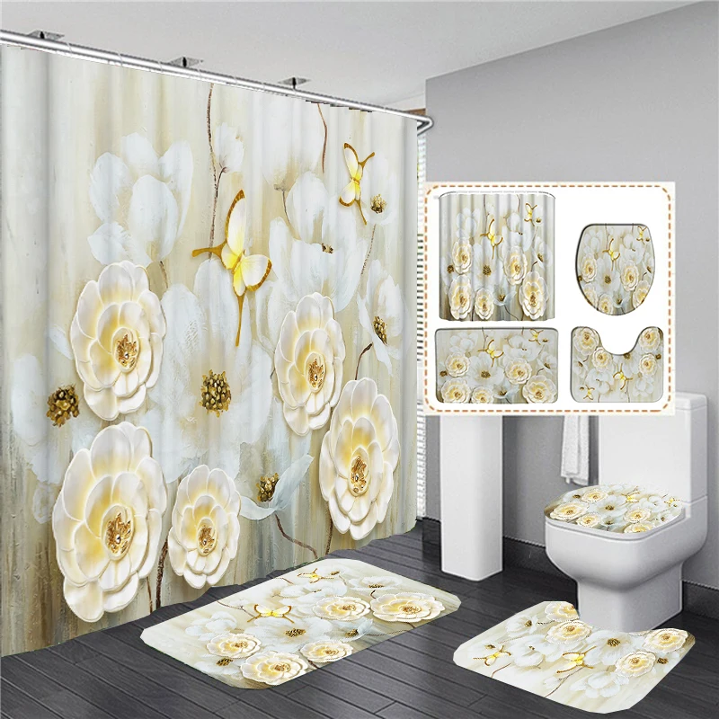 Elegant Bouquet of Fantastic Flowers 3D European Style Shower Curtain Bathroom Curtain and Bath Rug Carpet Set Floral Home Decor