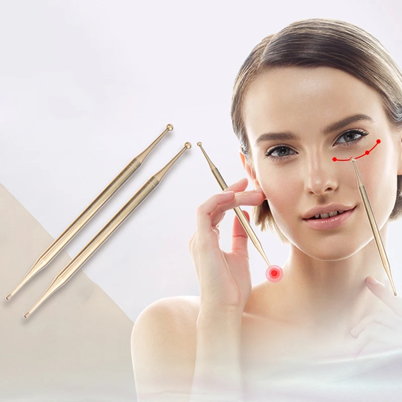 ^1Pc Brass Double Headed Ear Facial And Body Manual Acupuncture Pen Trigger Point Massager Deep Tissue Meridian Massage Tool~
