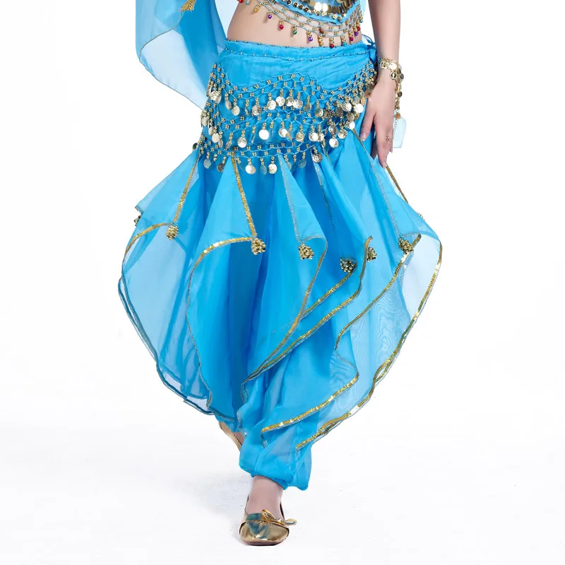 Belly Dance Bloomer Chiffon Costumes Wavy Pants &Hip Scarf Skirt Belt Gold Coins 11 Colours