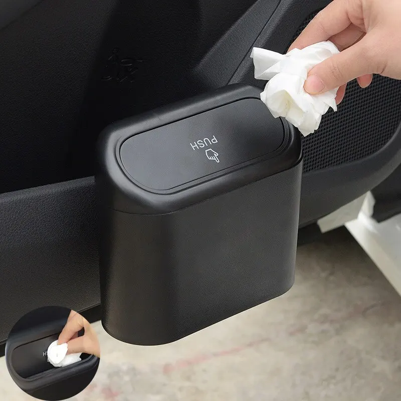 Cubo de basura portátil para coche, Mini vehículo colgante, organización de basura con tapa, caja de almacenamiento de basura automotriz plegable multifuncional