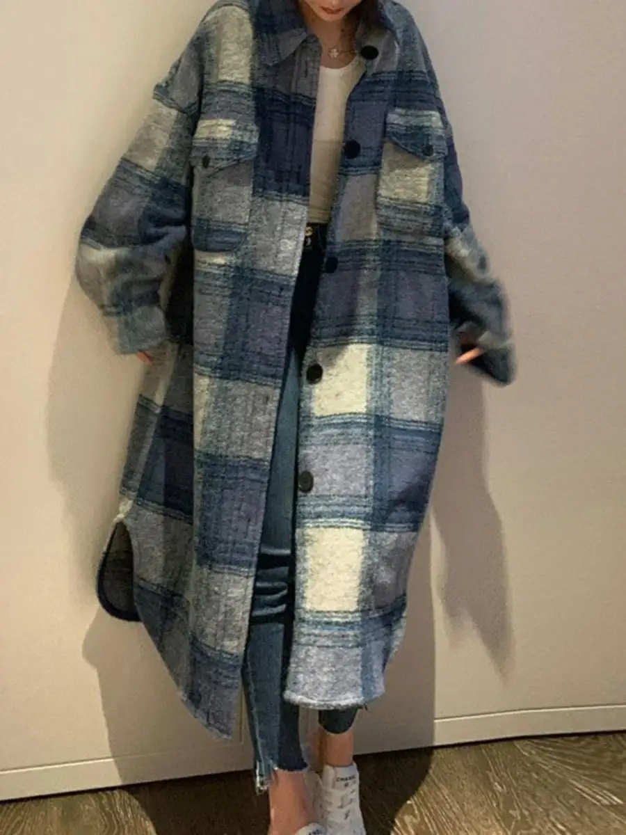 

Blue Tweed Outerwear Women's Loose Long Coat Comfortable Fit Plaid Design Winter Season Collar Button up Mid-Length Coat