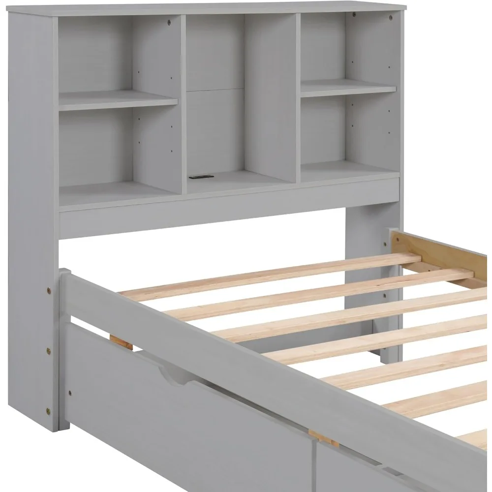 Cama de plataforma doble con puerto USB y 2 cajones, cama de plataforma con cabecero de estantería de almacenamiento, estructura de cama de madera