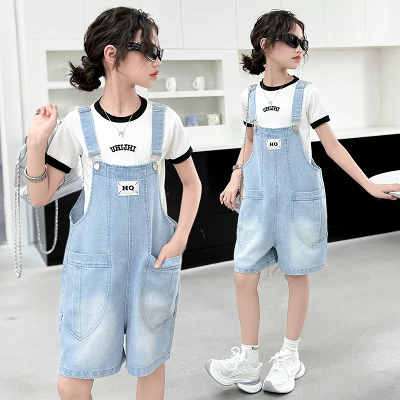 

Girls' Denim Overalls, Summer Shorts, Washed Vintage Bottoms, Suitable for 7-14 Years Old Teens, Fashionable Shorts