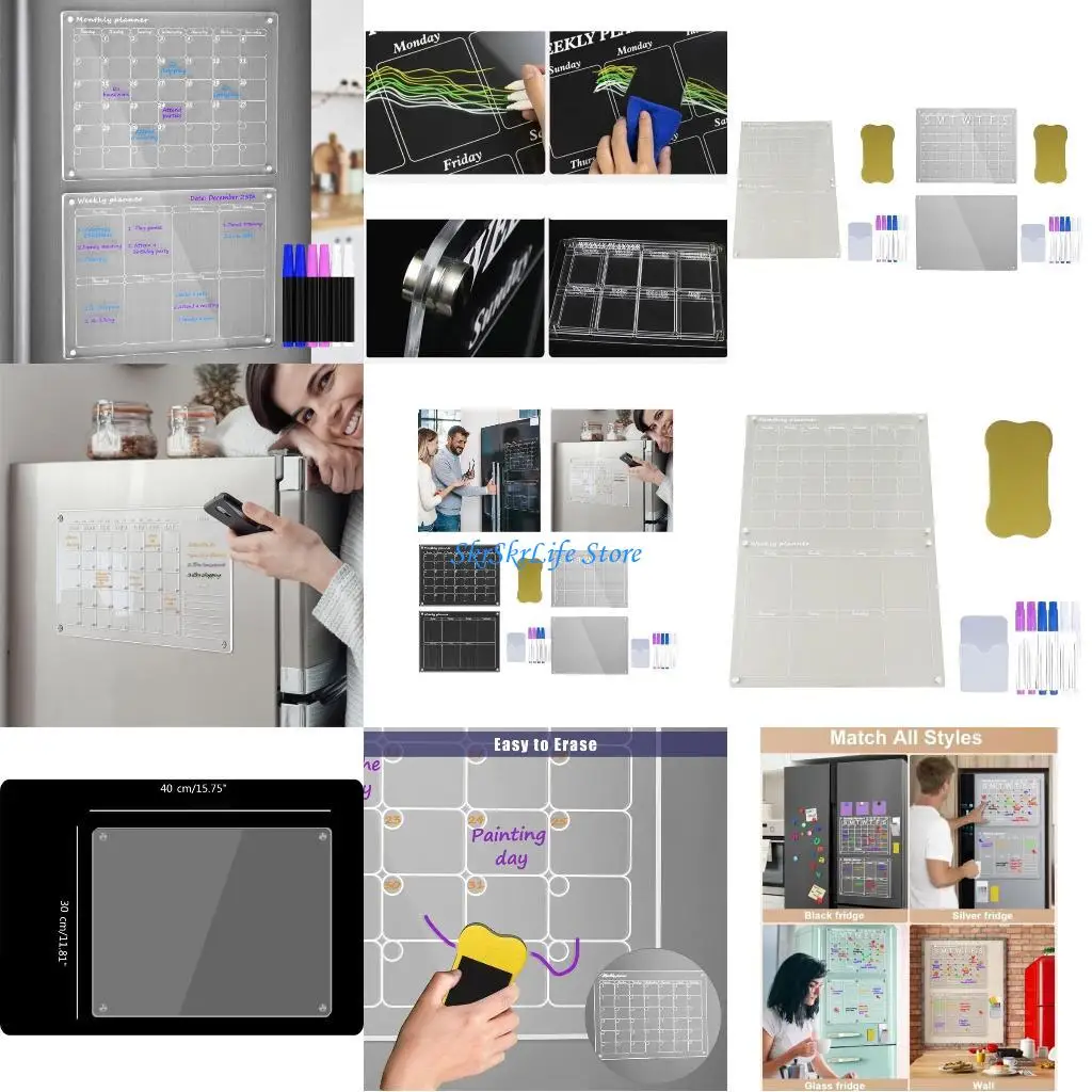 

E65E 2Pcs Acrylic Fridge Calendar Weekly Monthly Calendar To-do-list Planner