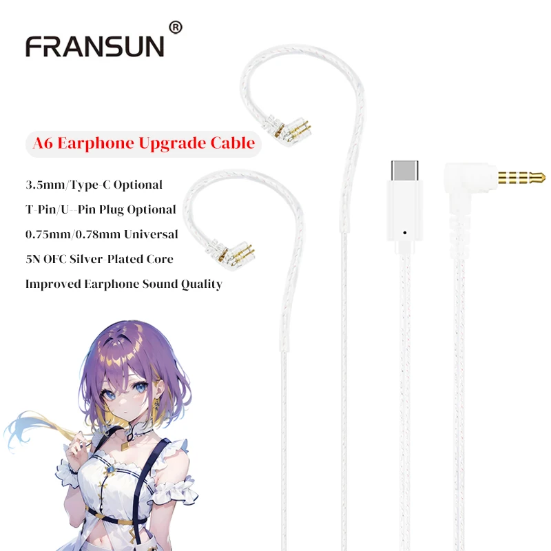 Fransun Headphone Cable 3.5mm/Type-C 0.75/0.78mm 2PIN 5N OFC Silver-Plated Upgrade Cable with Microphone, Compatible with KZ QDC