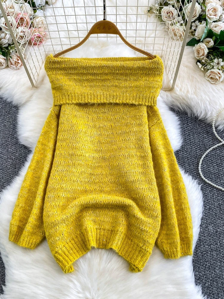 

Женский вязаный топ с открытыми плечами и длинными рукавами, осенне-зимний утягивающий однотонный свитер в ленивом стиле, пуловер