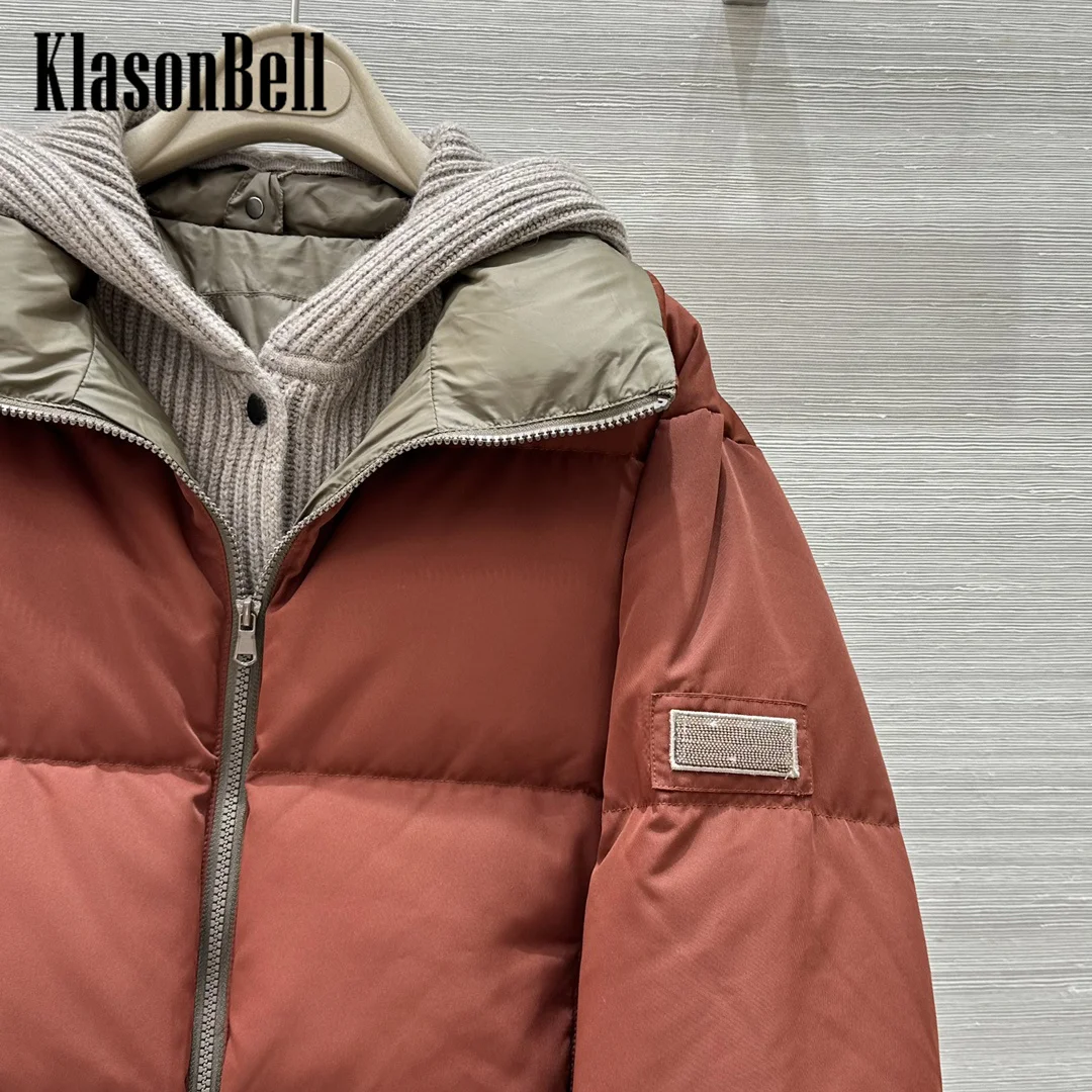 9.1 KlasonBell Women Hooded Knit Spliced Fake Two Pieces Short Down Jacket Hat Detachable Goose Down Keep Warm Outerwear