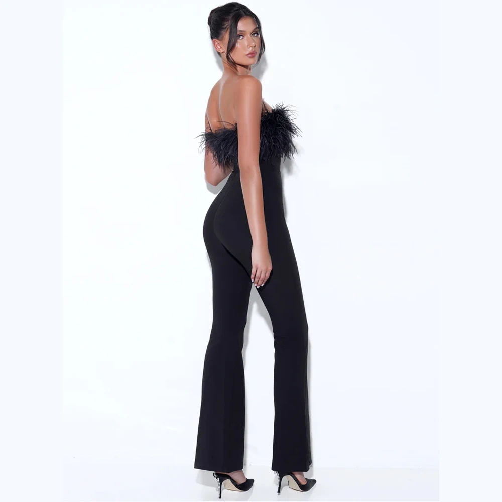 GORAFASHION Feather Patchwork Jumpsuit Women Sexy Off Shoulder Slash Neck Sleeveless Elegant Wide Leg Pants Jumpsuit Party Prom