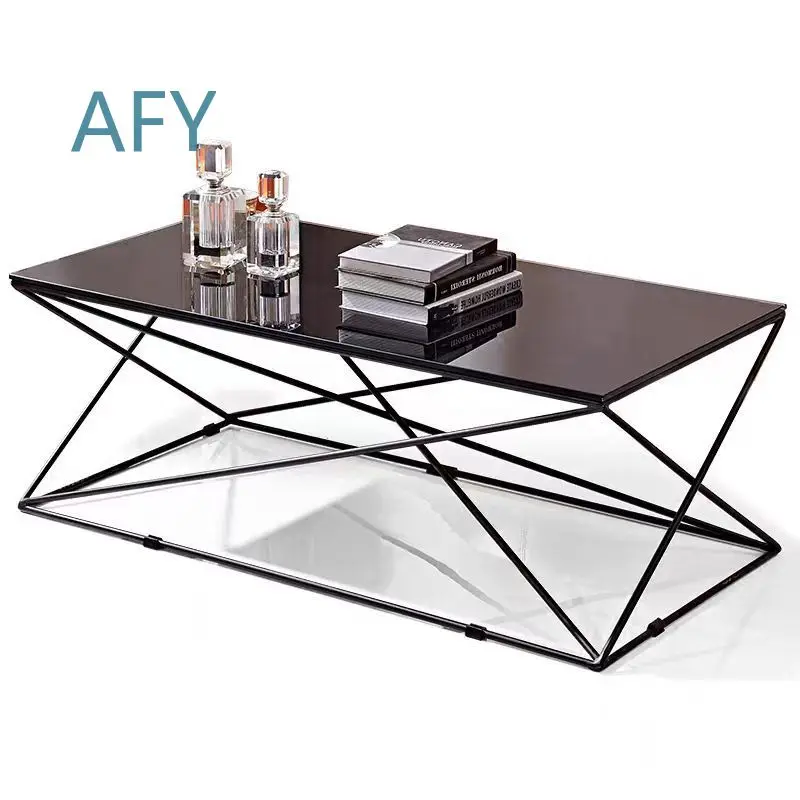 Geometric Coffee Table for Small Spaces Nordic Linear Black Iron Office Coffee Table with Tempered Glass Top Creative Design