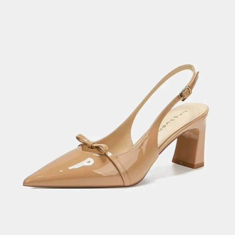 Pointed Toe Women's New Sandals 2025Summer Bow Luxury Brand Sexy Buckle High Heels Slingback Shallow Mouth Girls Mary Jane Shoes