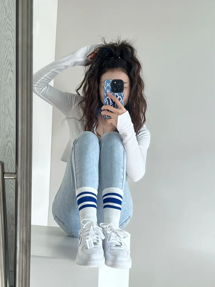 Jeans in denim attillati da ragazza piccante a vita alta Pantaloni da nove pezzi elasticizzati alla caviglia da donna Pantaloni a matita in denim elasticizzato in cotone