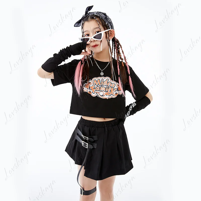 

Костюм для джазового танца для девочек, стильный комплект с короткими рукавами и короткой юбкой для практики, детский летний наряд для выступлений