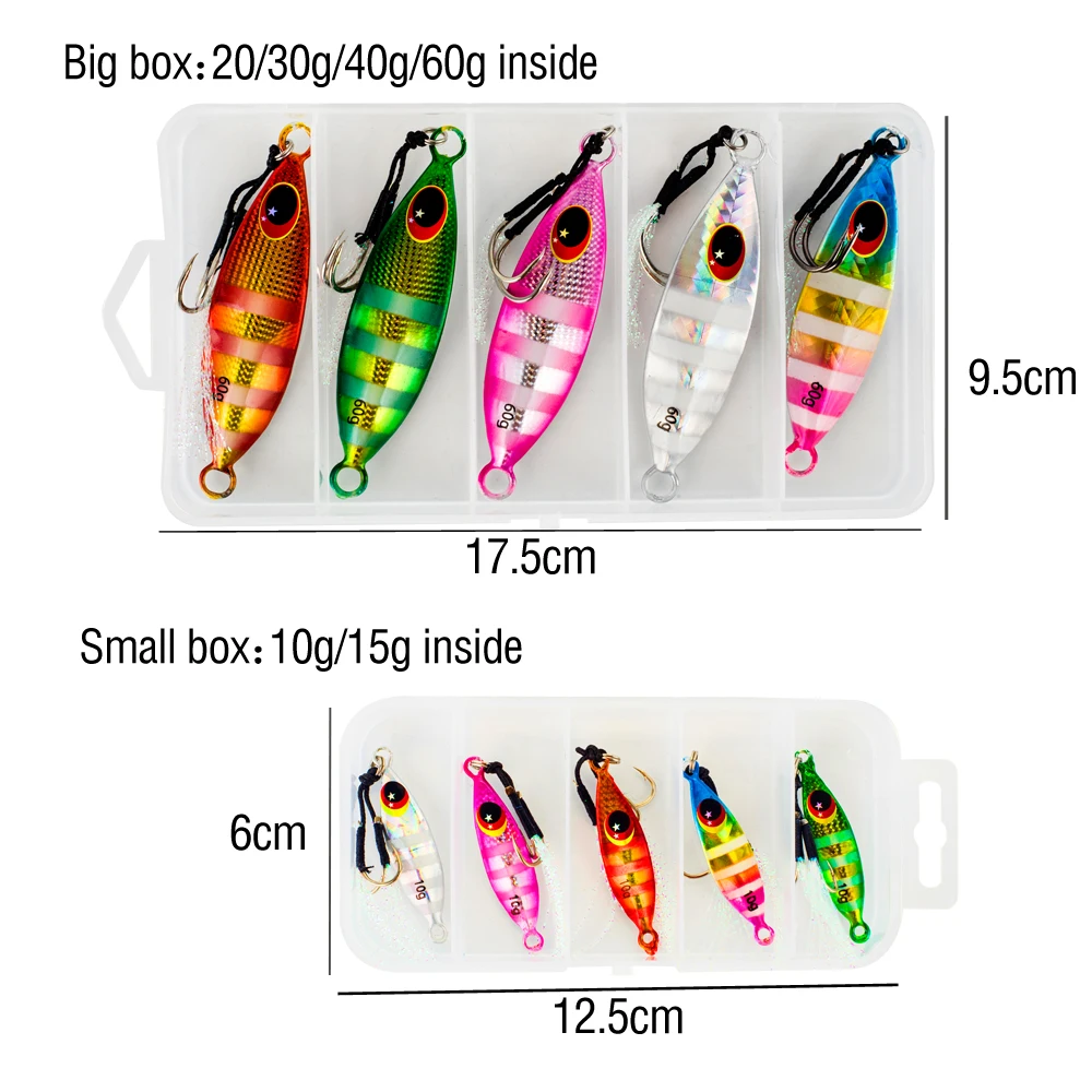 5Pcs/Boxed 10-60G Metal Slow Jig Artificial Sinking Casting Lure Fishing Trolling Lure 3D Eyes Fishing Bait with Assist Hooks