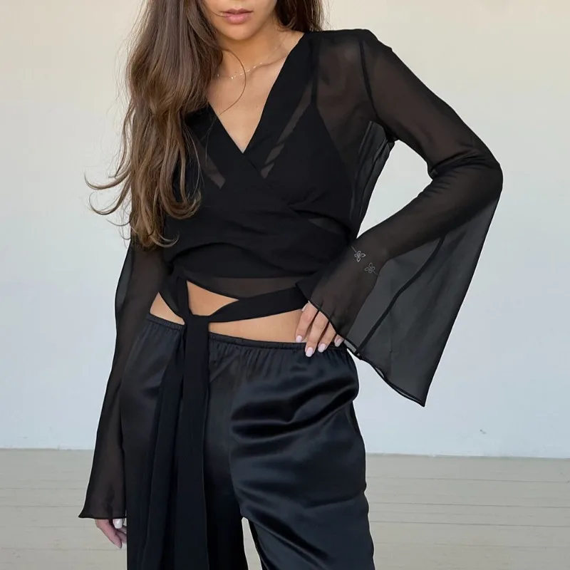 Tsiisd Women Sheer Mesh Deep V Neck Wrap Crop Top Bell Sleeve Tie Waist Blouse Sexy Summer Elegant Short Shirt Casual Party Top