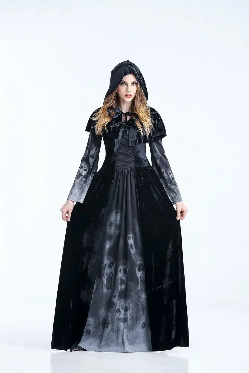 Costumes de cosplay victorien d'Halloween pour femmes, vêtements de sorcière de vampire effrayants, masade médiévale, costume de Tim, robe maxi de paupières fantôme