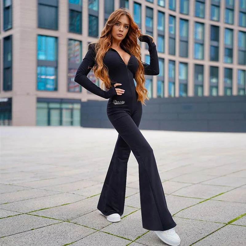 2024 Autumn Winter Women's Deep V-neck Clothes Zipper Back Long Sleeve Hooded Slimming Yoga Sports Stretch Street Wear Jumpsuit