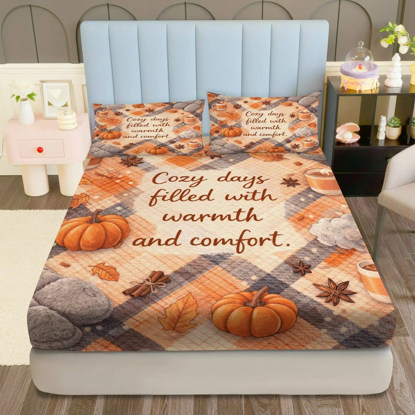 Autumn Pumpkin Cinnamon Bedding Set, Thanksgiving-Themed Bedding Set, Three-Piece Bedding Set (Includes 1 Fitted Sheet + 2 Pillowcases), 3-Piece Set, Deep Pocket Fitted Sheet with 2D Print and 2 Pillowcases, Mattress Protector, Fitted Sheet Style, Protective Cover, Mattress Protector, Suitable for All Seasons, Machine Washable Design, Holiday Decoration, Various Sizes, Breathable Protective Cover Plus Pillowcases