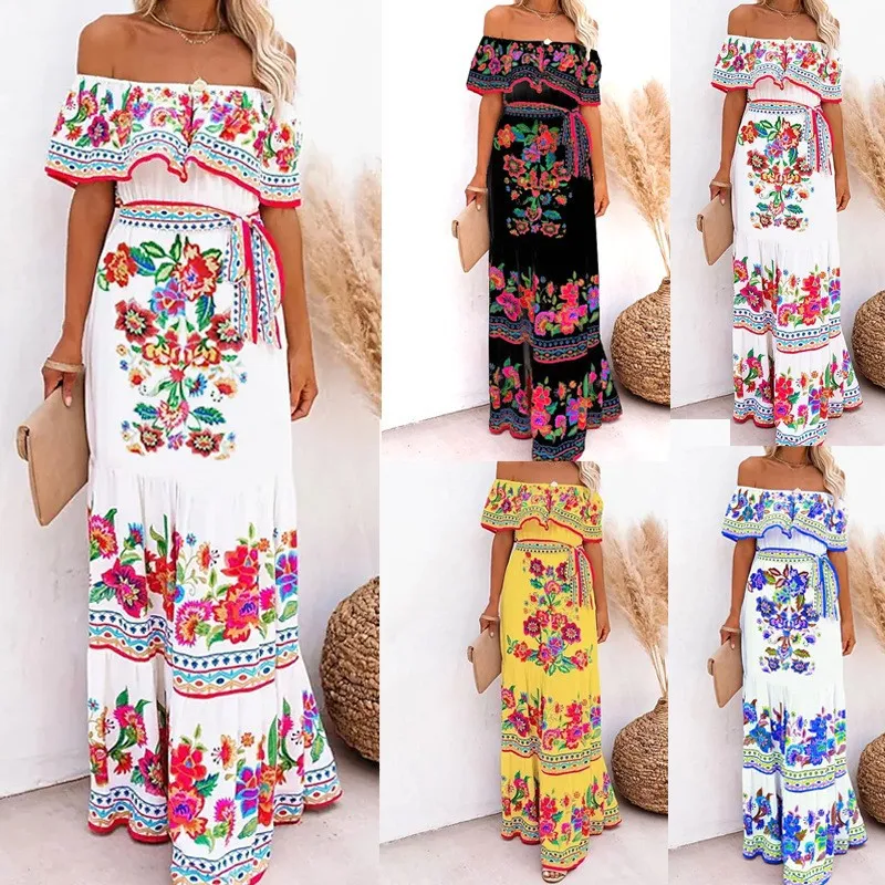 Spring and Summer New Women's One Shoulder Saffron Printed Long Big Swing Dresses