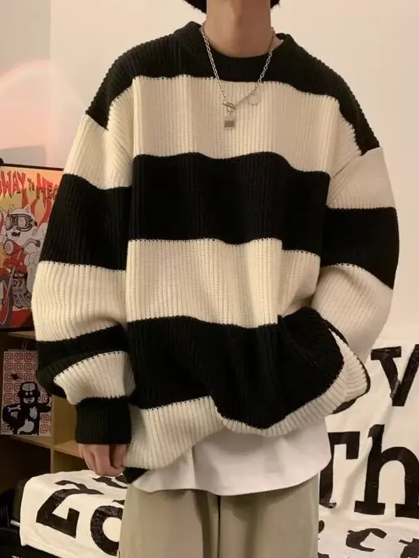 

Thiened Stripe Knitted Sweater Men's Autumn Winter New Sle Lazy Faion Long Sve round Ne Warm Soft Polyester Fiber