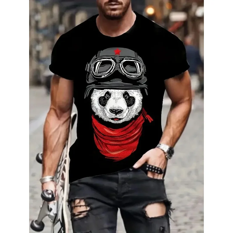 Cool Motorcycle Pattern T Shirt For Men Panda Skull 3D Printed Tees Summer Street Short Sleeve Round Neck Tops Loose T-Shirts