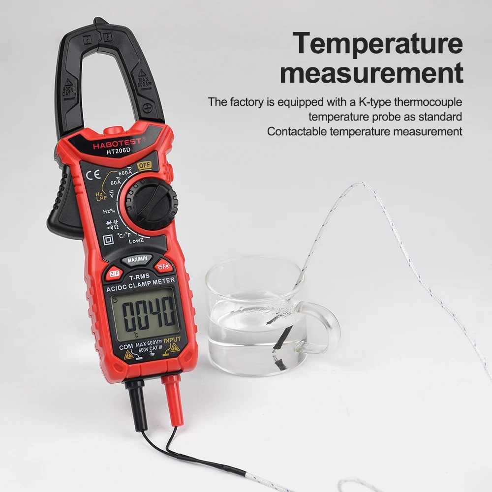 HT206 Digital Clamp Meter TRMS 6000 Counts Multimeter AC/DC Voltage Current NCV Resistance Continuity Temp Capacitance Tester