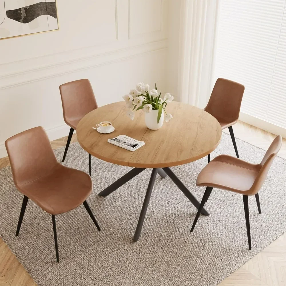 45.3-inch circular dining table set for 4 people, suitable for restaurant kitchen (table+4 brown chairs)