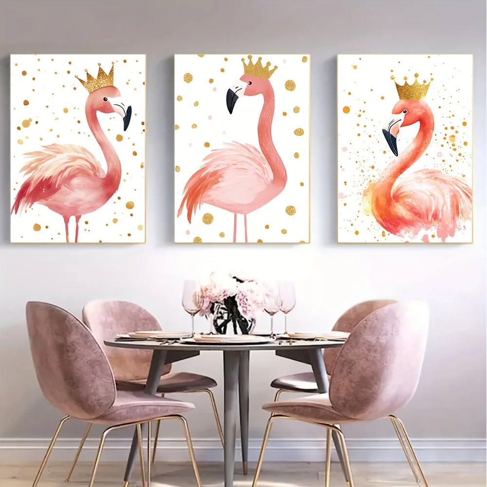 （NoFrame 3PCS）-Set of 3 Pink Flamingo Wall Art Prints, Canvas Poster for Living Room Bedroom Home Office Decor, Frameless Ani