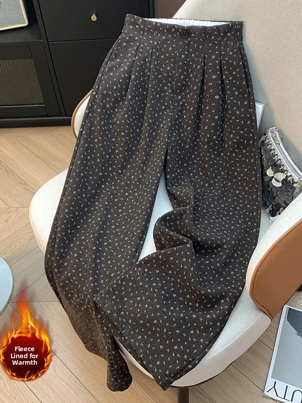 

Женские широкие брюки в стиле ретро с цветочным принтом, утепленные, повседневные, свободного кроя, больших размеров, зимние, теплые, универсальные, для похудения