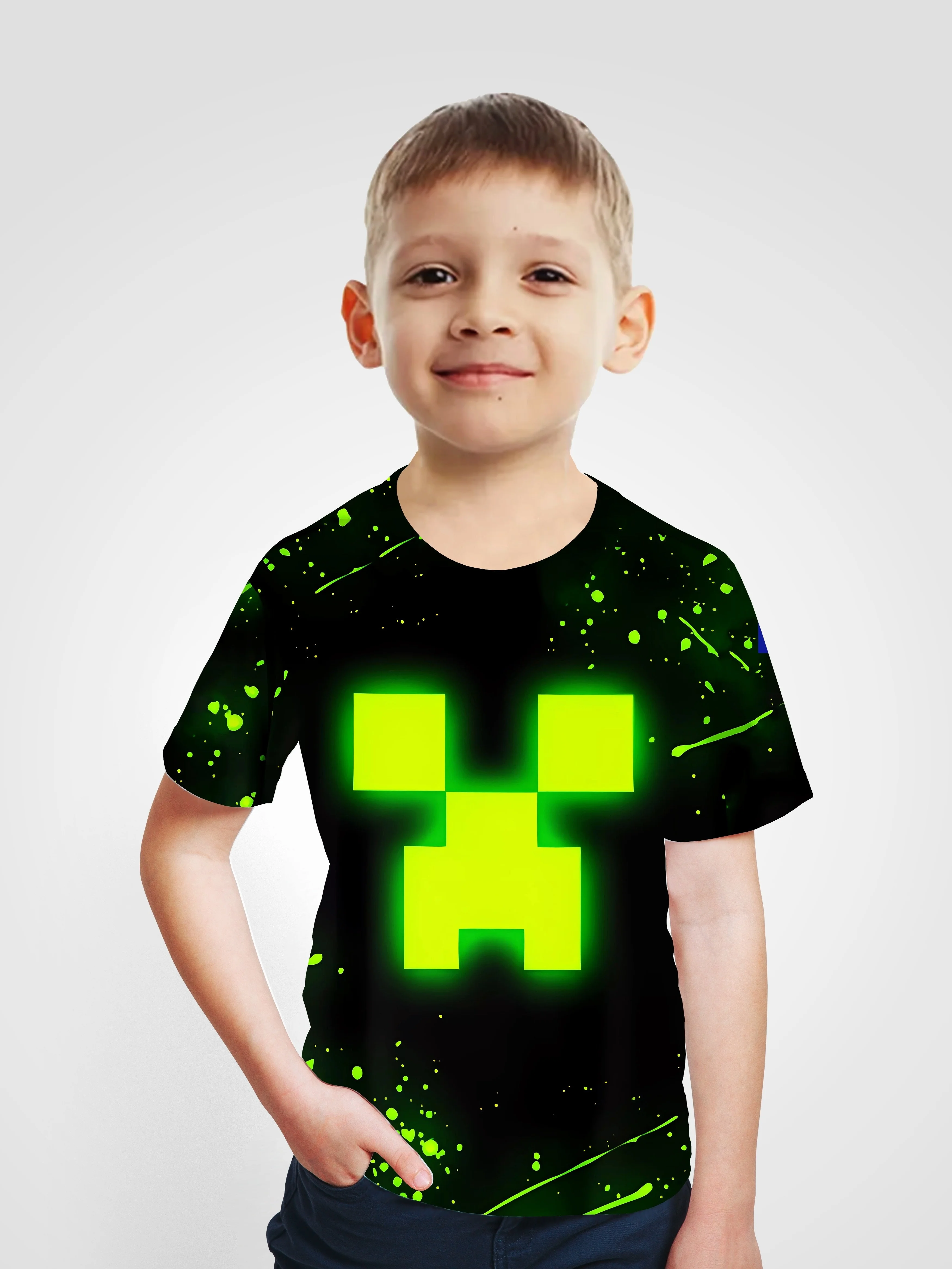 Fluorescent Building Block Puppet 3D Print Boy's T-shirt Kids Casual Short Sleeve Crew Neck Top Summer Daily Wear Top