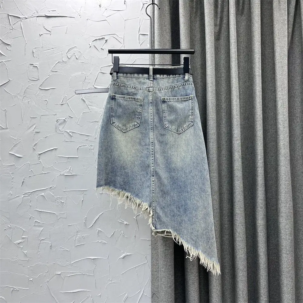 Denim skirt female 2024 summer new retro irregular raw edge high waist loose slim Joker fashion temperament design long skirt.