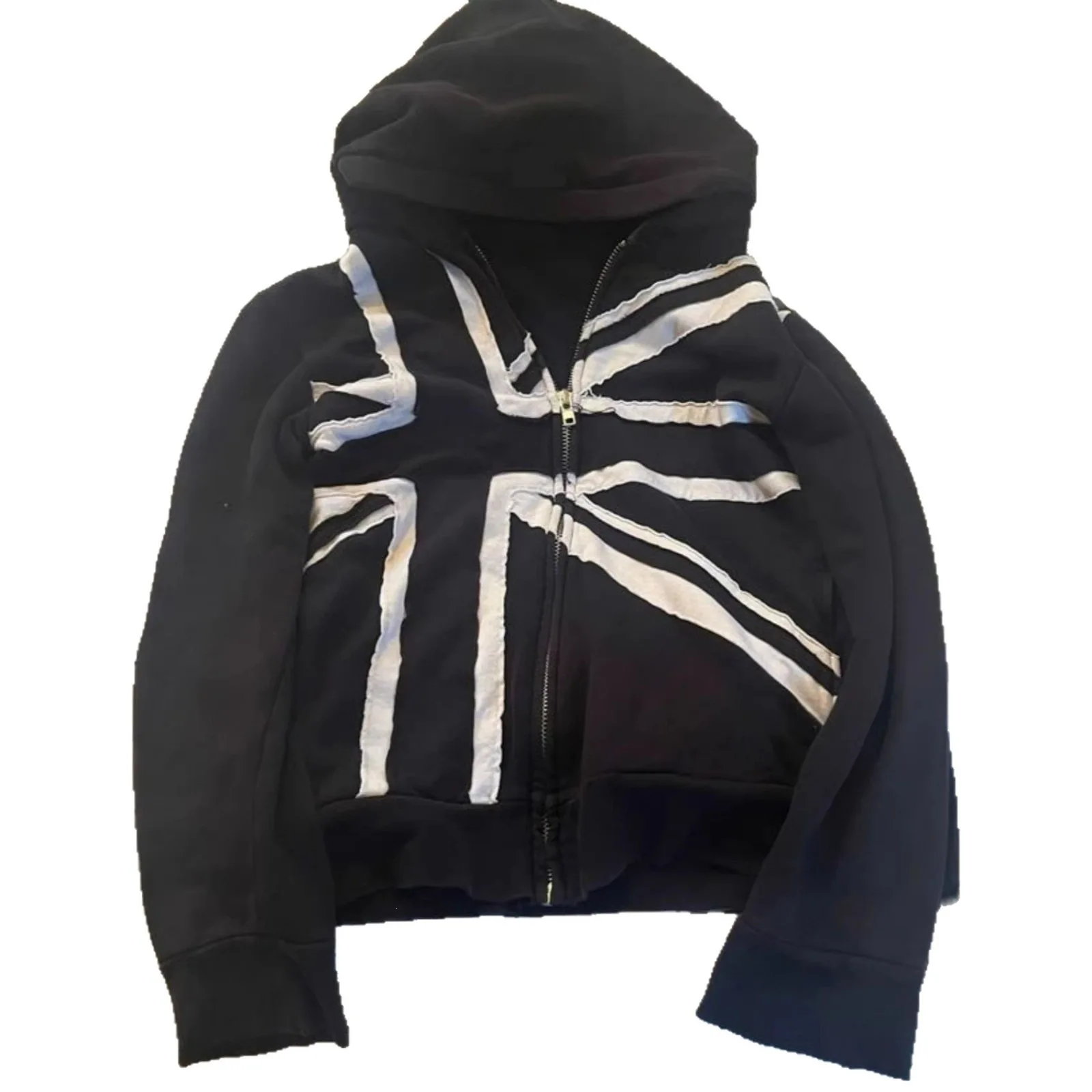 Y2K Cropped Zip Up Hoodie British Flag Raw Edge Patchwork Hooded Jacket Streetwear Gothic Grunge Loose Short Sweatshirt Coat