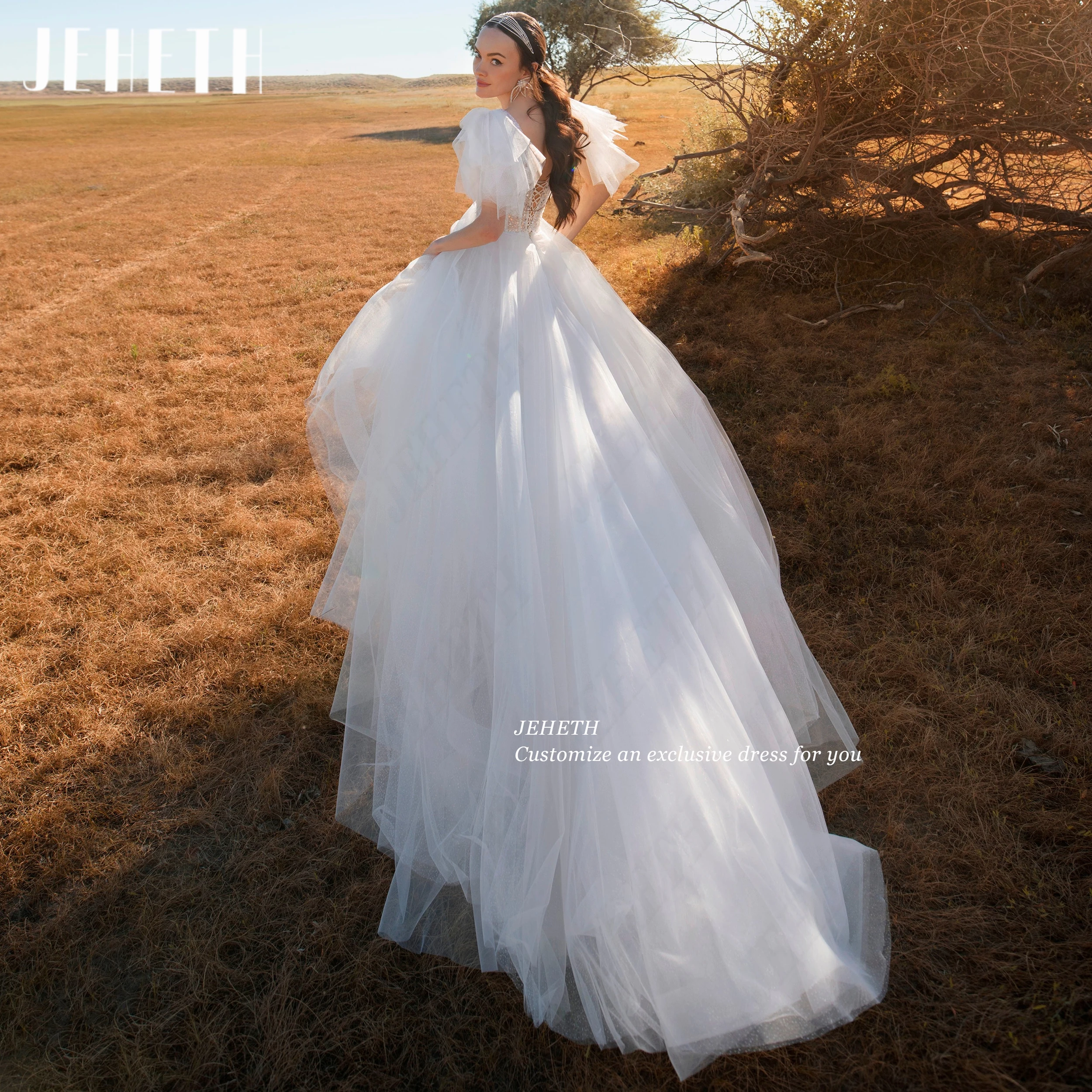 JEHETH Shiny Tulle Sequined Wedding Dresses Illusion Short Sleeve Bride Party Dress A Line Bride Gowns For Women Customized