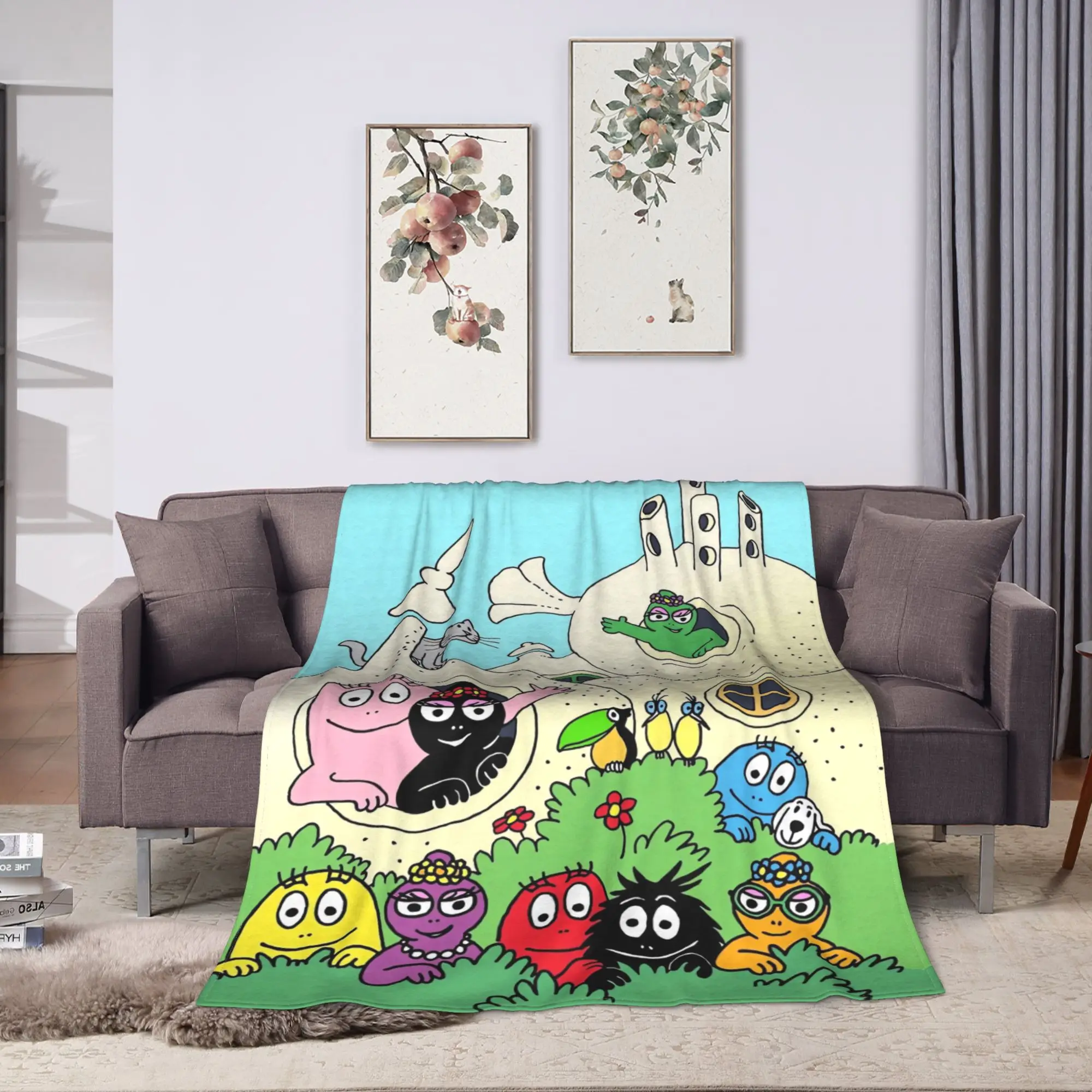 Cute Les Barbapapa Cartoon Flannel Blanket  Warm Throw Blanket for Outdoor Travel Novelty Bedspread Sofa Bed Cover